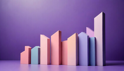 This image features a collection of 3D rising graph bars in a pastel color palette against a soothing violet background, suggesting calm analysis or strategic planning