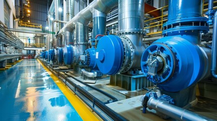 industrial boiler room interior with large water treatment facility blue pumps and shiny stainless steel pipes