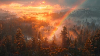  A radiant sunset overspreads a forest, featuring a vivid rainbow interceding the mid-sky, accompanied by an abundant canopy of trees in the foreground
