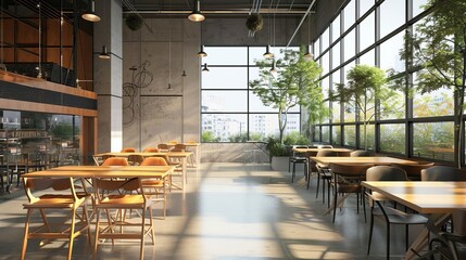 Fototapeta premium interior of empty cafe in the city modern urban coffeeshop 3d rendering