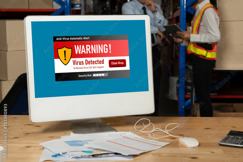 Poster virus warning alert on computer screen detected modish cyber threat , hacker, computer virus and mal