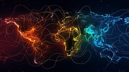 An abstract digital world map with glowing lines connecting cities,  representing global connectivity and data flow. High contrast with dark background.  - obrazy, fototapety, plakaty