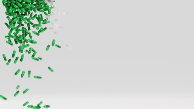 Capsule pills fall on a white surface and forms a flag of Ireland. The Pharmaceutical Industry in Ireland - Medicine healthcare medicament's. 3d animation.