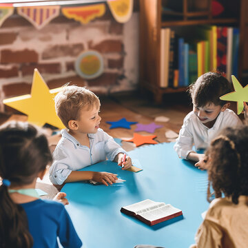 Small group of children studying at church religious program, Christian camp concept. - VBS Background for Vacation Bible School - Generative AI
