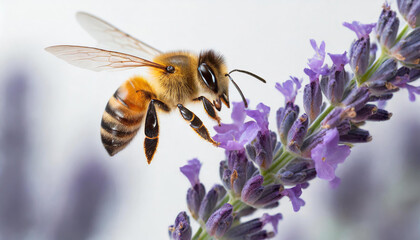 Honeybee in flight on lavender flower over white backdrop