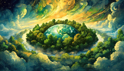 Obraz na płótnie Canvas Highly detailed view of Earth from space, framed by lush green treetops and surrounded by mystical greenish-yellow clouds, creates a surreal and fantastical scene