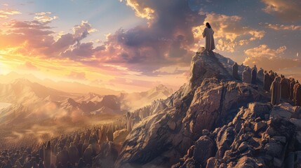 jesus christ son of god standing atop a mountain gazing upon the multitudes biblical illustration - obrazy, fototapety, plakaty