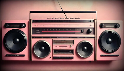 A retro pink boombox is portrayed against a matching background, reflecting the music culture and design of a bygone era