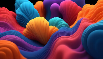 This 3D render showcases colorful, shell-like forms creating a vibrant, engaging underwater seascape effect