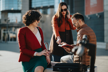 Dynamic young business entrepreneurs strategize for profitability and expansion in a vibrant urban...