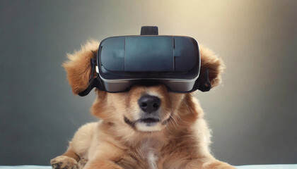 Dog chilling enjoying using vr glasses. - 783381653
