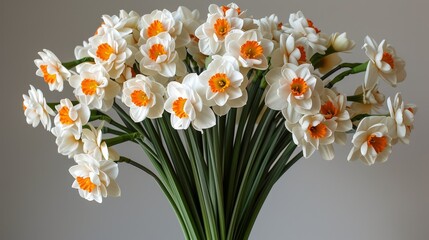 Obraz premium White and orange blossoms fill a vase on the table, against a backdrop of a pristine white wall