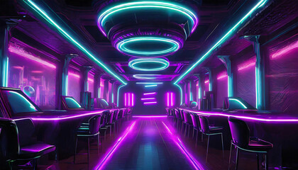 Futuristic bar or nightclub from the future, dark with neon glow. - 783381845
