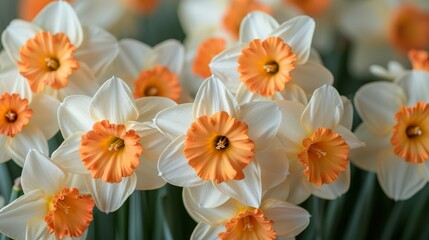   A tight shot of a flower bouquet, featuring oranges and whites centrally positioned