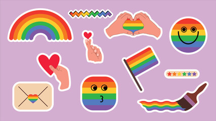 LGBT sticker pack. Sticker set, lgbtq pride, isolated symbols rainbow elements. Gay parade celebration.
