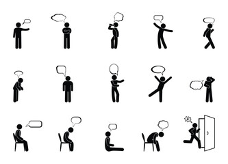 stickman man icon, speaks, bubble for text, dialogue illustration, set of human silhouettes