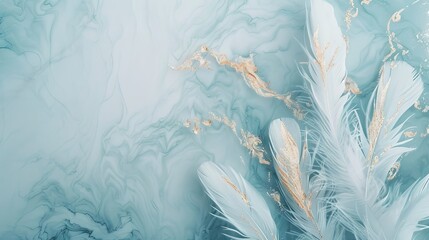 Ethereal white feathers with golden accents on a turquoise marbled background. Luxury and tranquility concept suitable for spa branding and high-end design elements