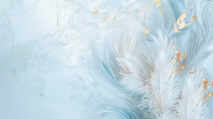 Elegant white feathers with gold flecks on an aqua blue marbled background. Luxurious texture for sophisticated design elements. Perfect for backgrounds, banners or elegant event decorations