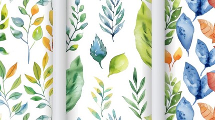 Colorful watercolor leaf patterns collection on white background. Decorative foliage design set for wrapping and textile print - obrazy, fototapety, plakaty