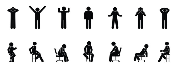 stick figure man standing, sitting, human silhouettes, stickman icon
