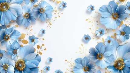 Delicate blue flowers with golden stamen details illustrated on a white backdrop. Floral pattern providing an elegant setting for event invitations.