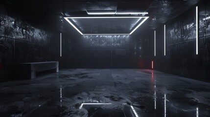 Dark room with glowing neon lights and reflective wet floor. Futuristic neon light design with industrial look.