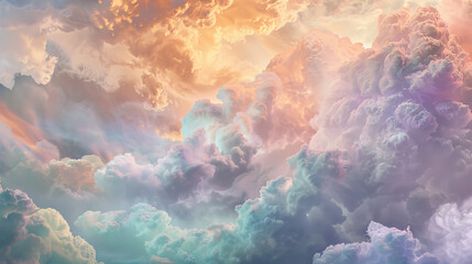 Soft, Ethereal Clouds of Pastel Hues: Lavender, Peach, and Mint, Drifting Amidst a Dreamy, Surreal Landscape - obrazy, fototapety, plakaty
