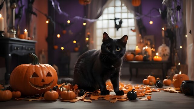  a cute funny black cat in a Halloween decorated room. The room is adorned with spooky decorations, including jack-o'-lanterns, cobwebs, and bats hanging from the ceiling. The cat is captured in mid-m