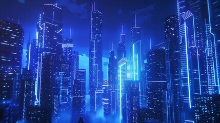 Fototapeta na wymiar Futuristic cityscape with glowing neon lights and skyscrapers. Digital art concept with copy space. Cyberpunk and virtual reality city illustration. Sci-fi urban scene at night.