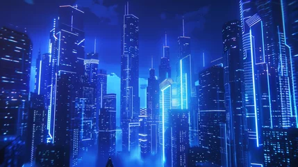 Tuinposter Futuristic cityscape with glowing neon lights and skyscrapers. Digital art concept with copy space. Cyberpunk and virtual reality city illustration. Sci-fi urban scene at night. © Irina.Pl