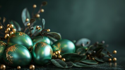 Elegant teal Easter eggs with golden details accompanied by eucalyptus on a dark surface. Shimmering ornaments and greenery setting for celebrating the festive season.