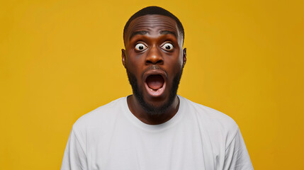 young shocked african american guy in white oversized t-shirt is surprised on yellow isolated background  - obrazy, fototapety, plakaty