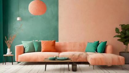 Livingroom in trend peach fuzz interior color 2024 year. A pastel wall accent paint background....