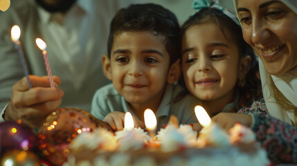 Middle Eastern family celebrating birthday, cake candles: multicultural celebrations, cultural diversity - Powered by Adobe