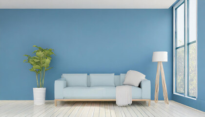 Livingroom or buisness hall scene light pastel color. Lounge room - blue sky paint and velor. Empty wall blank - navy background and pale tone loveseat. Luxury modern home design interior. 3d