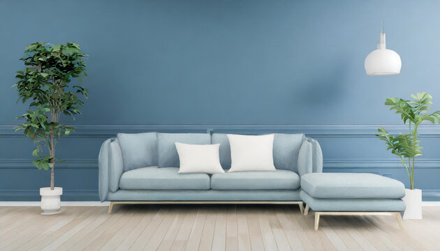 Livingroom or buisness hall scene light pastel color. Lounge room - blue sky paint and velor. Empty wall blank - navy background and pale tone loveseat. Luxury modern home design interior. 3d