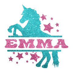 Emma - pink glitter - name written in a frame with light blue glitter Unicorn and stars - vector graphic - for cards, baby shower, prints, cricut, silhouette, sublimation © roberta