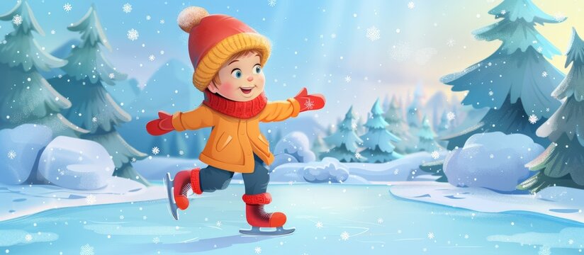 Boy with red hat and yellow coat joyfully ice skates on a frozen pond
