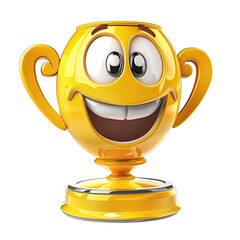 Close-up image of a trophy with a smiling face on it. A cartoon trophy isolated on a transparent background, tagged along. - obrazy, fototapety, plakaty