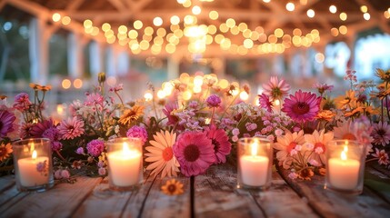   A tight shot of a table adorned with candles and flowers, situated in front of a window Behind the scene, a string of lights hangs in the backdrop