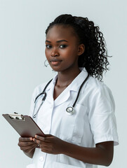 Professional African American Female Doctor with Clipboard