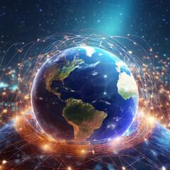 Obraz na płótnie Canvas Night earth global virtual internet world connection of metaverse technology network digital communication and worldwide networking on connect 3d background
