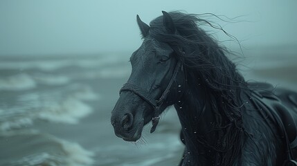   A black horse atop a sandy beach, beside tranquil water with incoming waves behind