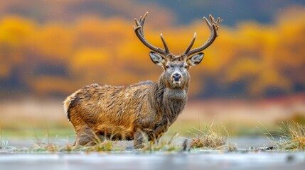   A tight shot of a deer sporting massive antlers atop its head against a backdrop of a tranquil body of water