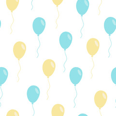 Seamless pattern with festive balls in blue and yellow on a white background. Festive print for product designs for birthdays and other holidays