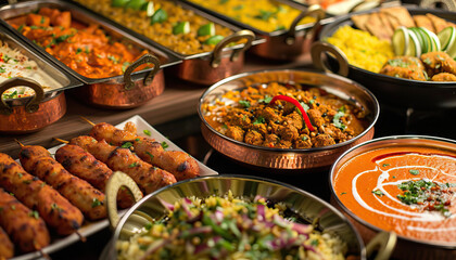 Diverse Cuisine Buffet: A tempting buffet spread showcasing the diverse cuisine of India, with dishes from different regions such as North Indian, South Indian, Mughlai, and coastal delicacies