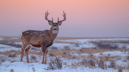  a deer stands amidst a snow-covered expanse, surrounded by untouched whiteness; a rosy sky stretches behind