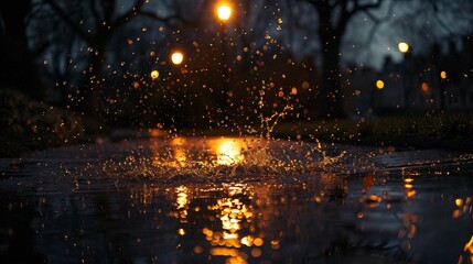 Raindrops splashing in a puddle in a park at night