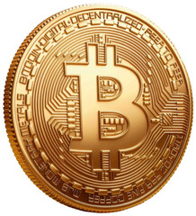 a golden bitcoin on a beige background. Transparent Background PNG