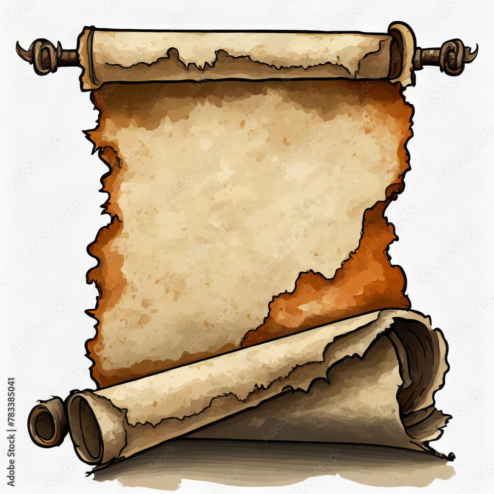 Poster old scroll and letter paper with torn and burnt edges isolated on white background. no shadow